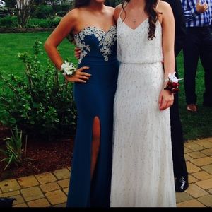 Strapless teal blue maxi dress